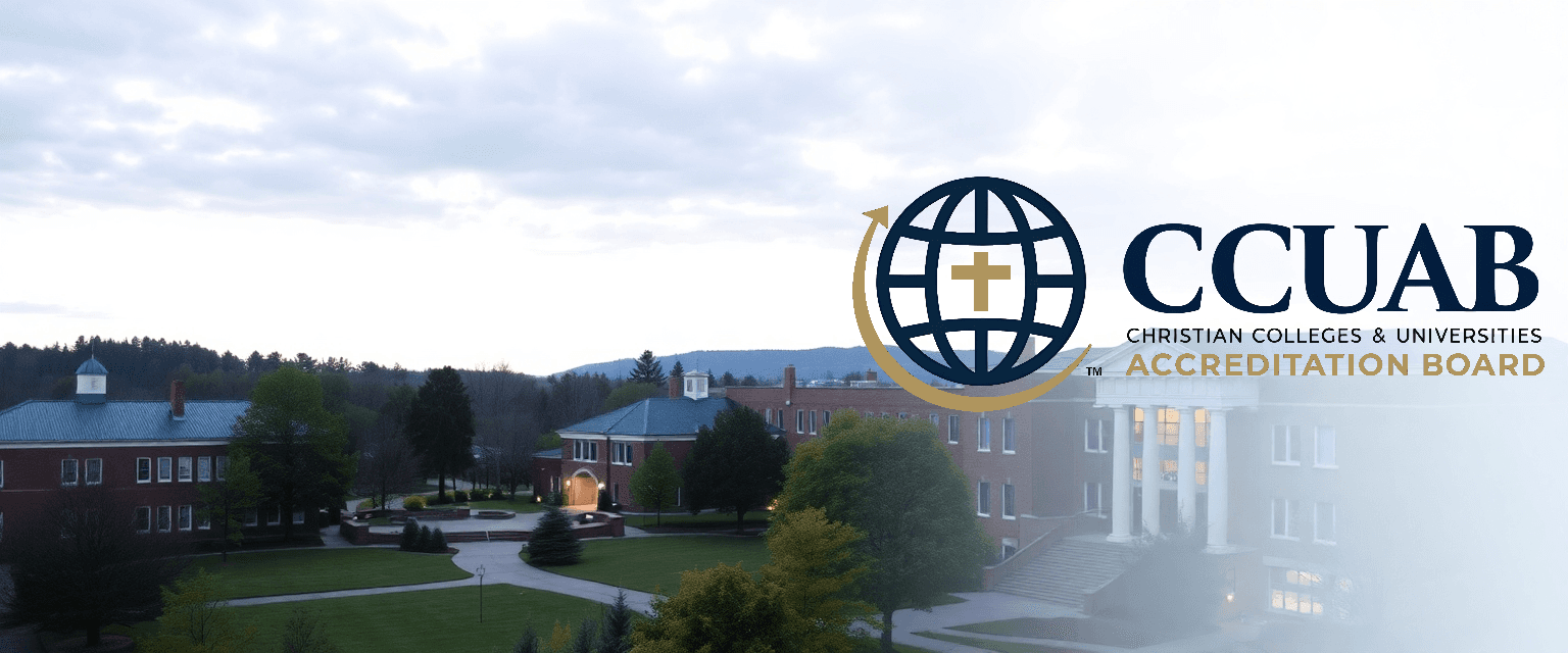 A Christian college campus building at dusk