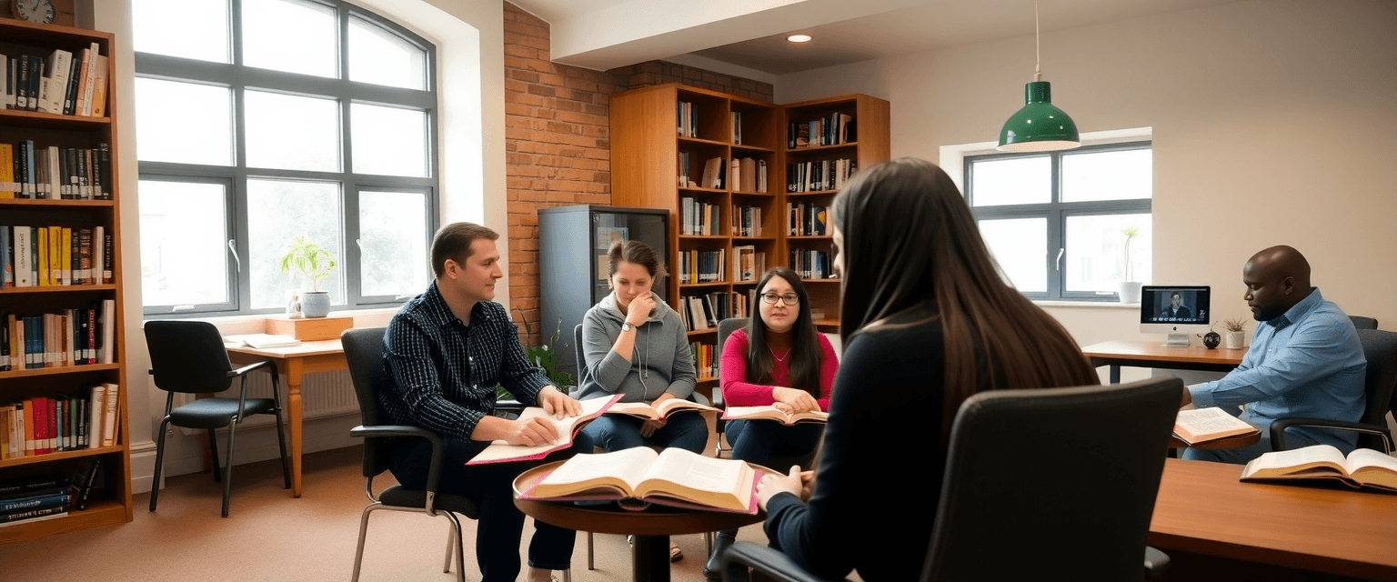 Faculty and students reviewing course materials together